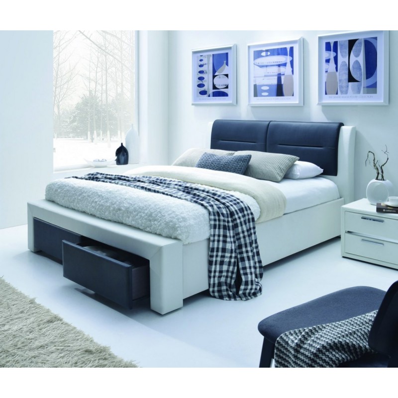CASSANDRA S 140 cm łóżko tapicerowane z szufladami czarno-biały