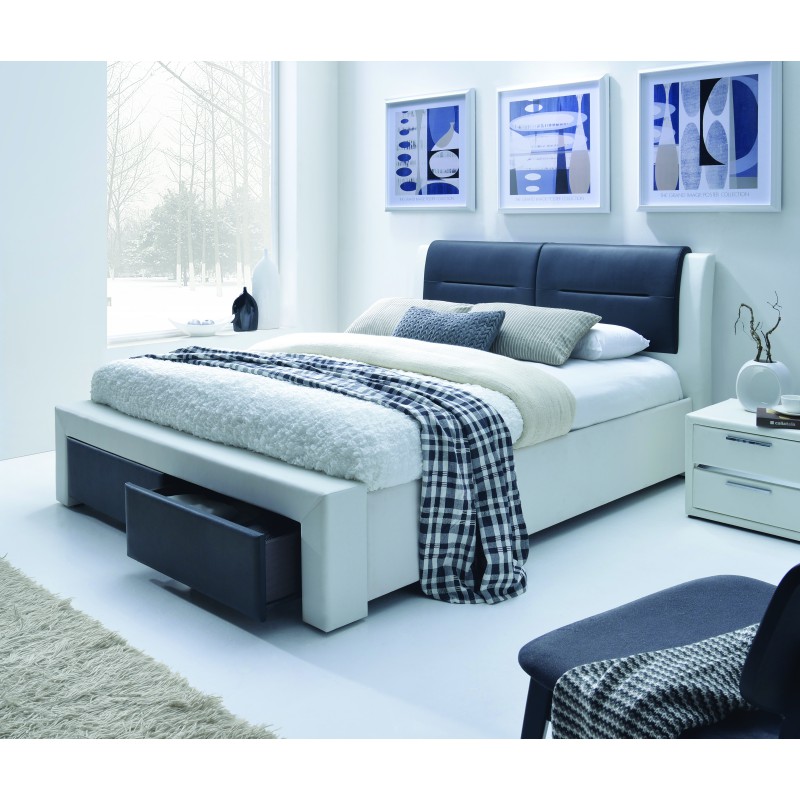 CASSANDRA S 140 cm łóżko tapicerowane z szufladami czarno-biały 